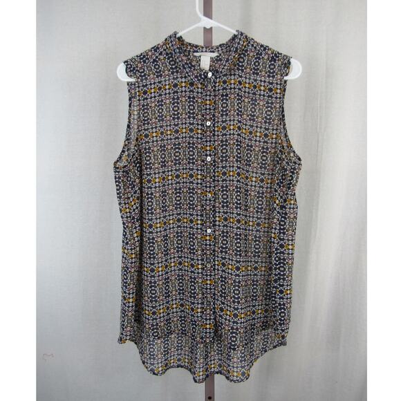 H&M US 14 Semi Sheer Button Up Tank Geometric Shape Navy Yellow Green Purple - Picture 1 of 3